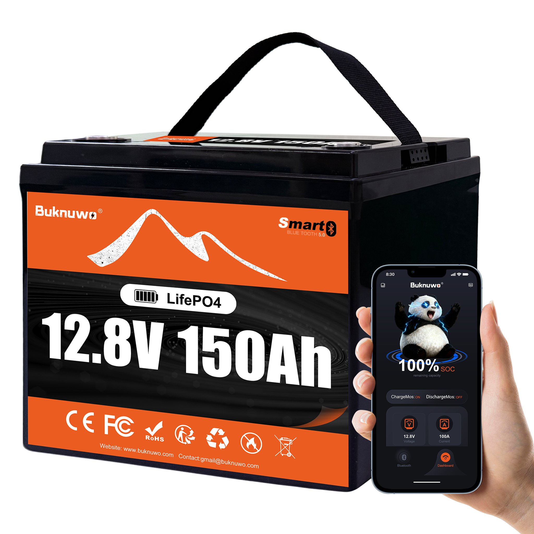 Outdoor Power Supply 12V - Buknuwo Smart 12V/12.8V 150Ah Bluetooth LiFePO4