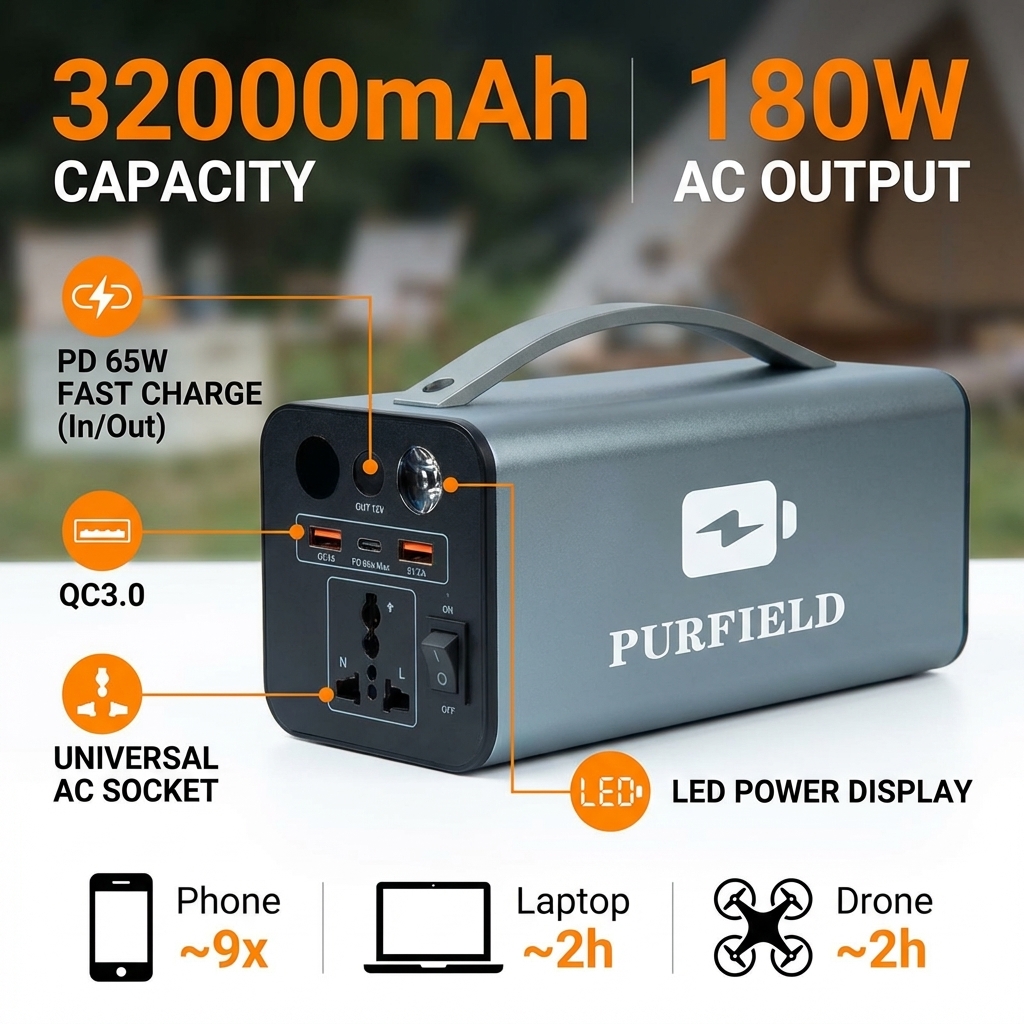 Outdoor Power Kit - 180W Outdoor Power Station 32000mAh 118.4Wh