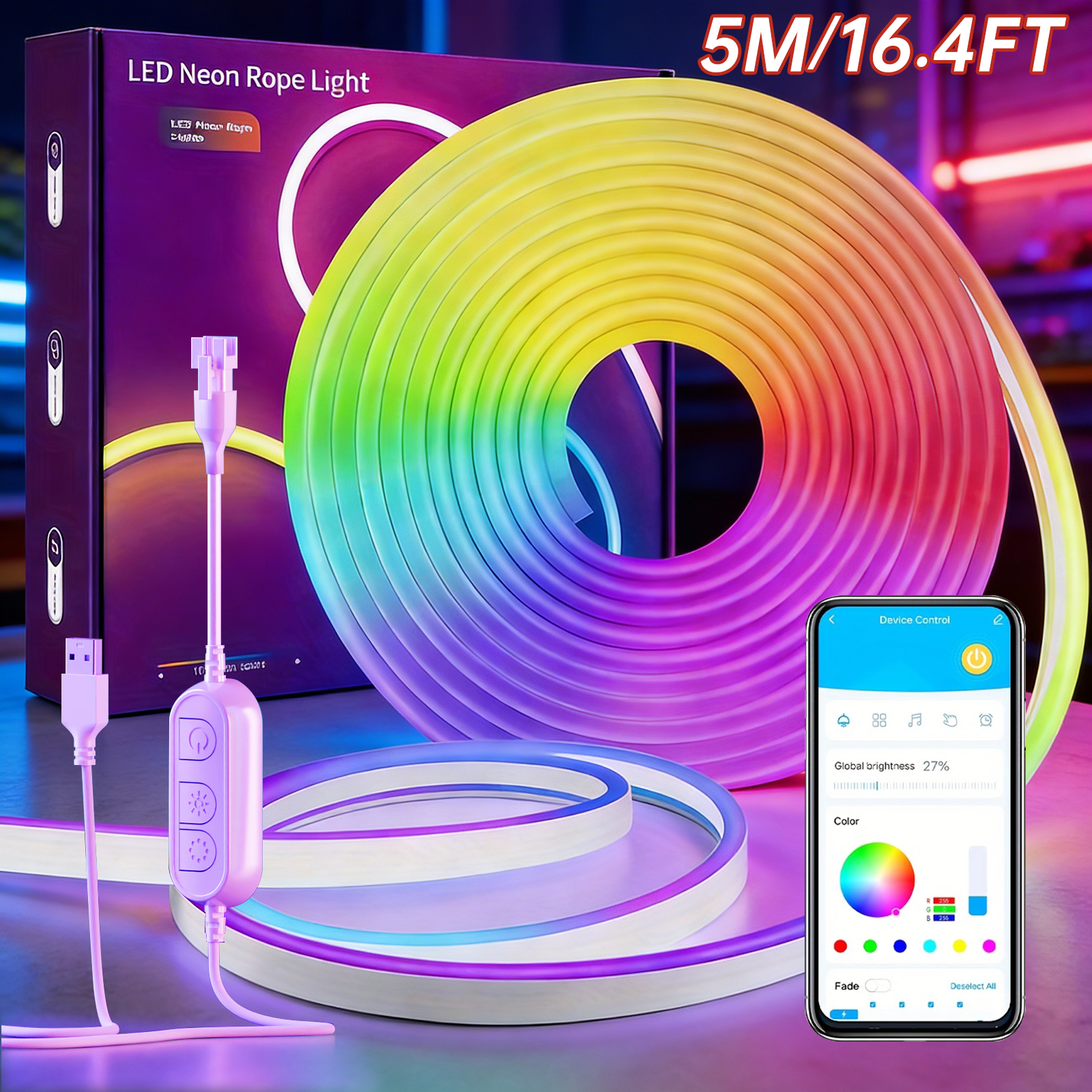 Outdoor Power Strip Weatherproof - 5M RGB Color Changing Neon Light