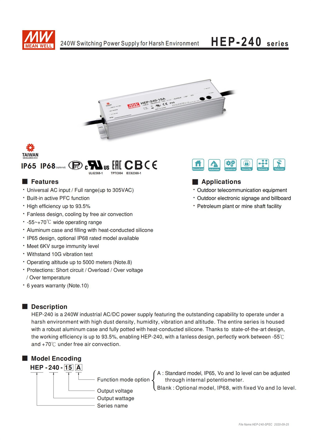 MEAN WELL HEP-240-12A, High Ef - Outdoor Power Supply 12V recensie en prijs